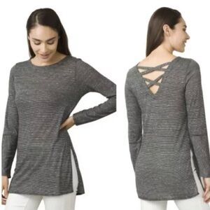 Prana Esme Long Sleeve Tunic Top Size M Gray Stripe Strappy Criss Cross Back